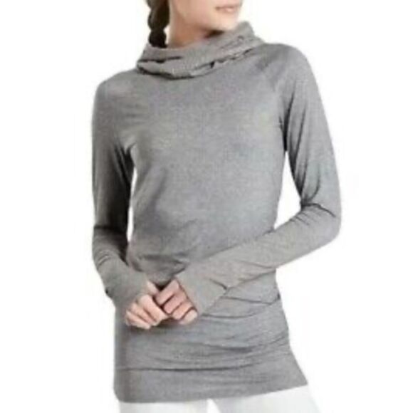 Athleta Essence Cowl-Neck Hooded Yoga Tunic Top In Heather Gray XXS - Picture 1 of 4